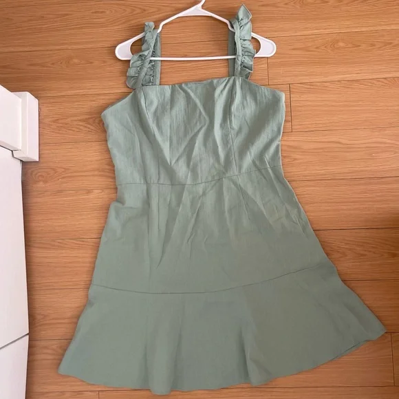 Green Mini Dress with Ruffled Straps - Picture 2 of 4
